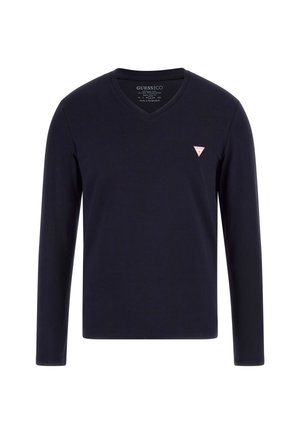 Marineblå langærmet T-shirt med V-hals lavet af bomuld, med et lille rødt trekantet logo på venstre bryst. Glat tekstur, minimalistisk design.