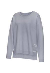 Hellgrauer Pullover aus weichem Material mit rundem Ausschnitt, überschnittenen Schultern und geripptem Saum, versehen mit dem Aufdruck "ELB" an der Seite.