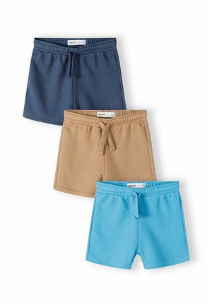 Drei Paar Shorts in Marineblau, Beige und Hellblau. Jede hat einen elastischen Bund und einen Kordelzug, gefertigt aus glattem, dehnbarem Stoff.