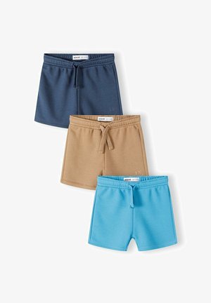Drie paar shorts in marineblauw, beige en lichtblauw. Elke short heeft een elastische tailleband en een trekkoord, gemaakt van gladde, rekbare stof.