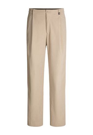 Beige, straight-leg trousers made of textured fabric with vertical stripes, featuring a button closure and side pockets.