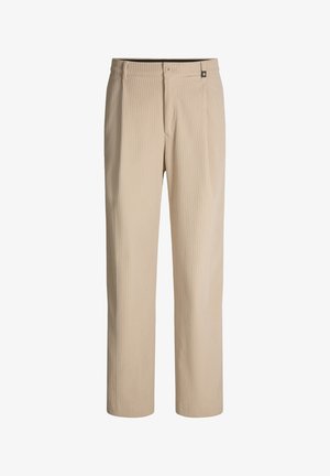 Pantaloni beige a gamba dritta realizzati in tessuto strutturato con righe verticali, dotati di chiusura con bottone e tasche laterali.