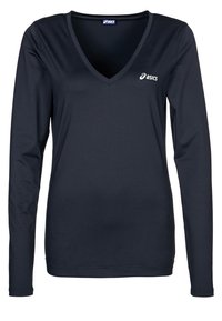 Pitkähihainen, tummansininen urheilupaita joustavasta kankaasta. Varustettu V-kaula-aukolla ja pienellä Asics-logolla vasemmassa ylärinnassa.