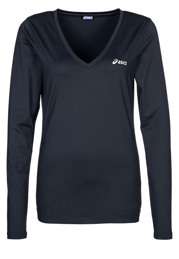 Pitkähihainen, tummansininen urheilupaita joustavasta kankaasta. Varustettu V-kaula-aukolla ja pienellä Asics-logolla vasemmassa ylärinnassa.