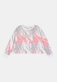 Sweatshirt cropped de mangas longas em padrão marmoreado branco, rosa e cinza, com o logótipo "Levi's" cinza na parte da frente e punhos em canelado branco.