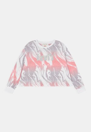 Sweatshirt cropped de mangas longas em padrão marmoreado branco, rosa e cinza, com o logótipo "Levi's" cinza na parte da frente e punhos em canelado branco.