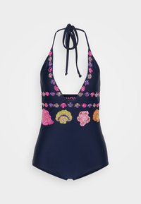 Jūras tumši zilas viena gabala peldkostīms ar dziļu V veida kaklu, kuram ir krāsaini gliemežvāku izšuvumi un regulējami kakla saišu aizdari. Gluda tekstūra un pieguļošs dizains.