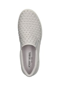 Weißer Slipper mit geflochtenem Obermaterial, glatten Lederakzenten, runder Zehenpartie und weicher Innenauskleidung. Mit Logo an der Ferse.