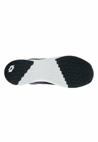 Semelle extérieure en caoutchouc noir avec une semelle intermédiaire à motifs blancs ; présente un design de grip hexagonal et un détail logo près du talon.