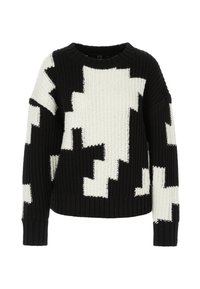 Schwarz-weißer Strickpullover mit einem geometrischen Muster im Blockdesign, Rundhalsausschnitt und gerippten Bündchen und Saum.