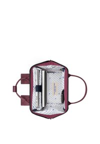 Borsa a tracolla bordeaux con chiusura a zip, manici in pelle e interno foderato con strisce blu diagonali e portacarte.