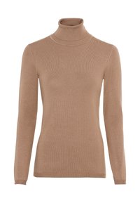 Hnědý rolákový svetr z žebrované pleteniny. Má dlouhé rukávy a přiléhavý střih s hladkou texturou.