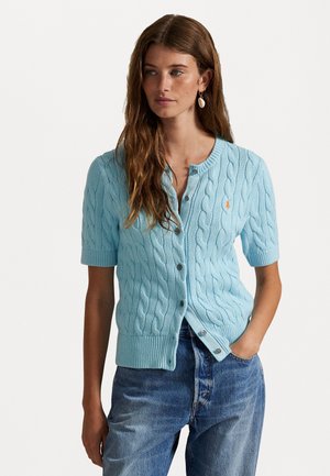 CABLE KNIT COTTON SHORT SLEEVE CARDIGAN - Strickjacke - acadia blue
