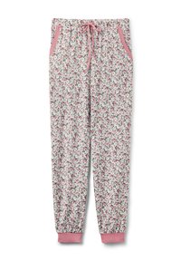 Lange pyjamabroek met bloemenprint in lichte stof, voorzien van een trekkoord in de taille, roze accenten en twee zijzakken met elastische boorden.