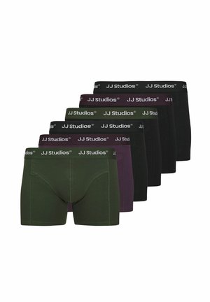 Boxershorts im Fünferpack; die Farben umfassen Schwarz, Dunkelgrün und Lila. Sie verfügen über einen weichen Bund mit "JJ Studios"-Markierung.