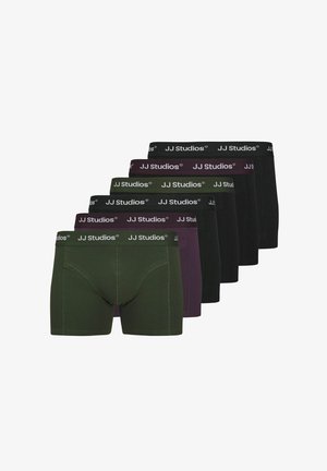 Boxer briefs in a pack of five; colors include black, dark green, and purple. Features a soft waistband with "JJ Studios" branding.
