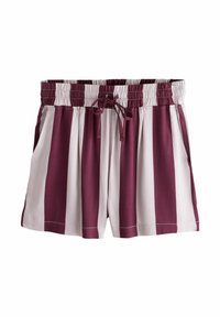 Burgundi ja valgete triipudega lycra lühikesed püksid, millel on elastne vöökoht, string ja küljetaskud. Kerge kangas, millel on sile tekstuur.