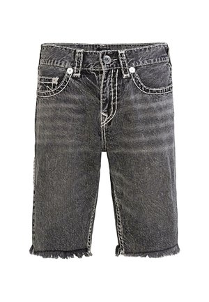Črne jeans kratke hlače s raztrgano obrobo, pet žepov, srebrn gumb za zapiranje in kontrastno šivanje. Klasičen sproščen kroj in teksturirana tkanina.