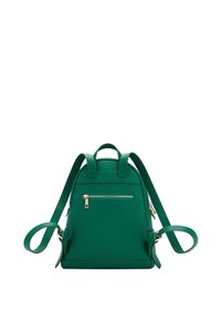 Green leather backpack with textured finish, two adjustable straps, front zip pocket, and gold-tone hardware. Compact and structured design.