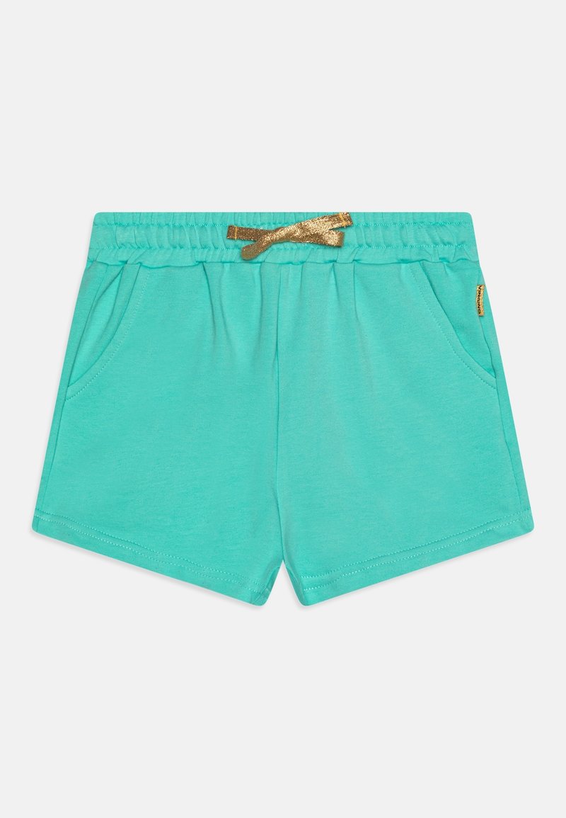Short en coton turquoise avec ceinture élastique, cordon doré, poches latérales et petite étiquette logo sur la poche droite.