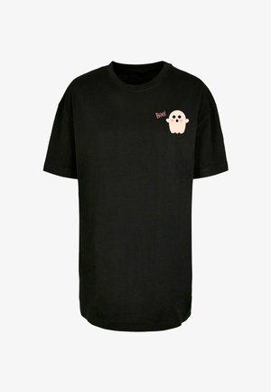 Schwarzes T-Shirt mit kurzen Ärmeln und rundem Ausschnitt, das ein kleines Cartoon-Gespenst und den Text "Boo!" in Pink im linken Brustbereich zeigt.