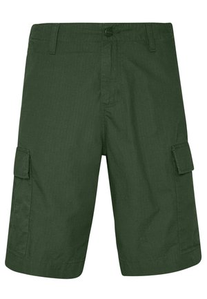 Pantaloni scurți cargo de culoare verde închis, confecționați dintr-un material ușor, au două buzunare laterale și închidere cu buton. Suprafață texturată cu un croi drept.