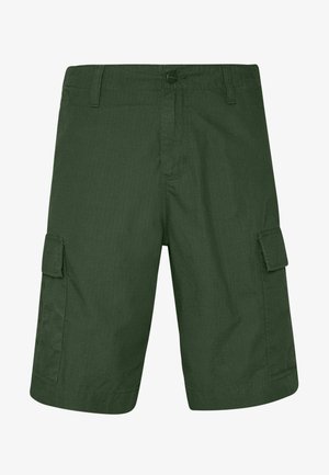 Mørkegrønne cargo shorts lavet af letvægtsstof, der har to sidelommer og knaplukning. Struktureret overflade med lige snit.