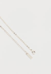 Ασημένιο κολιέ αλυσίδα με κούμπωμα σε σχήμα αστακού και ρυθμιζόμενη αλυσίδα με βρόχο, που τελειώνει με μια μικρή ορθογώνια ετικέτα σε λευκό φόντο.