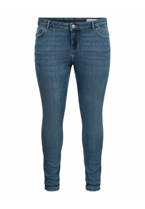 Plonos silueto mėlyni džinsai iš džinso audinio su penkiomis kišenėmis, lengvu šviesinimu ir sagų užsegimu. Audinys turi lygų paviršių ir šiek tiek tamprumo.