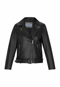 Giacca da moto in pelle nera con borchie argentate, zip asimmetrica, tasche laterali e vita regolabile con cintura.
