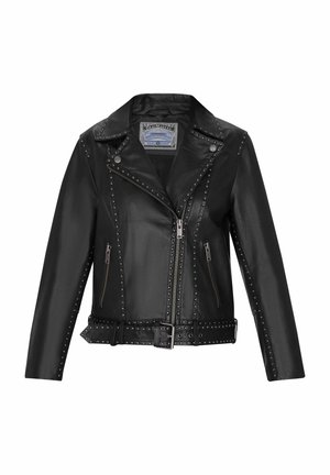 Jachetă de motocicletă din piele neagră, cu ținte argintii, fermoar asimetric, buzunare laterale și talie cu curea pentru o ajustare confortabilă.