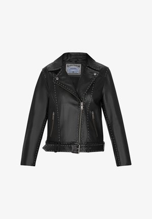 Jachetă de motocicletă din piele neagră, cu ținte argintii, fermoar asimetric, buzunare laterale și talie cu curea pentru o ajustare confortabilă.