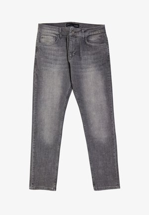 Gray denim jeans with a faded finish, five pockets, and a zip fly. Flat waistband with belt loops. Straight leg cut.