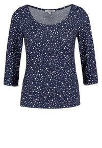 Navyblaues Oberteil mit Dreiviertelärmeln, das mit einem weißen Punkte-Muster versehen ist. Rundhalsausschnitt und weicher, strukturierter Stoff.