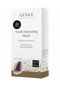 Ungdomsforyngende maske pakke, hvid med guld accenter, inkluderer 20 masker. Indeholder hyaluronan og aloe vera, designet til brug i skønhedsteknologi.