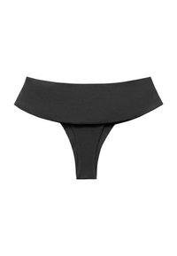 Black thong bikini bottom featuring a wide waistband, smooth fabric, and a minimalistic design. No distinct patterns or hardware.