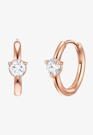 Rózsaarany fülbevalók kerek, tiszta drágakövekkel, négy karommal biztosítva, sima fémszínnel és elegáns dizájnnal.