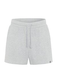 Gray cotton shorts with an elastic waistband, external drawstring, and side seam pockets. Notable ribbed texture and logo tag on hem.