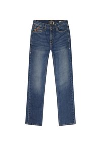 Pantalones vaqueros de mezclilla azul con diseño de pierna recta, acabado desgastado, cinco bolsillos y detalles de costuras en contraste.