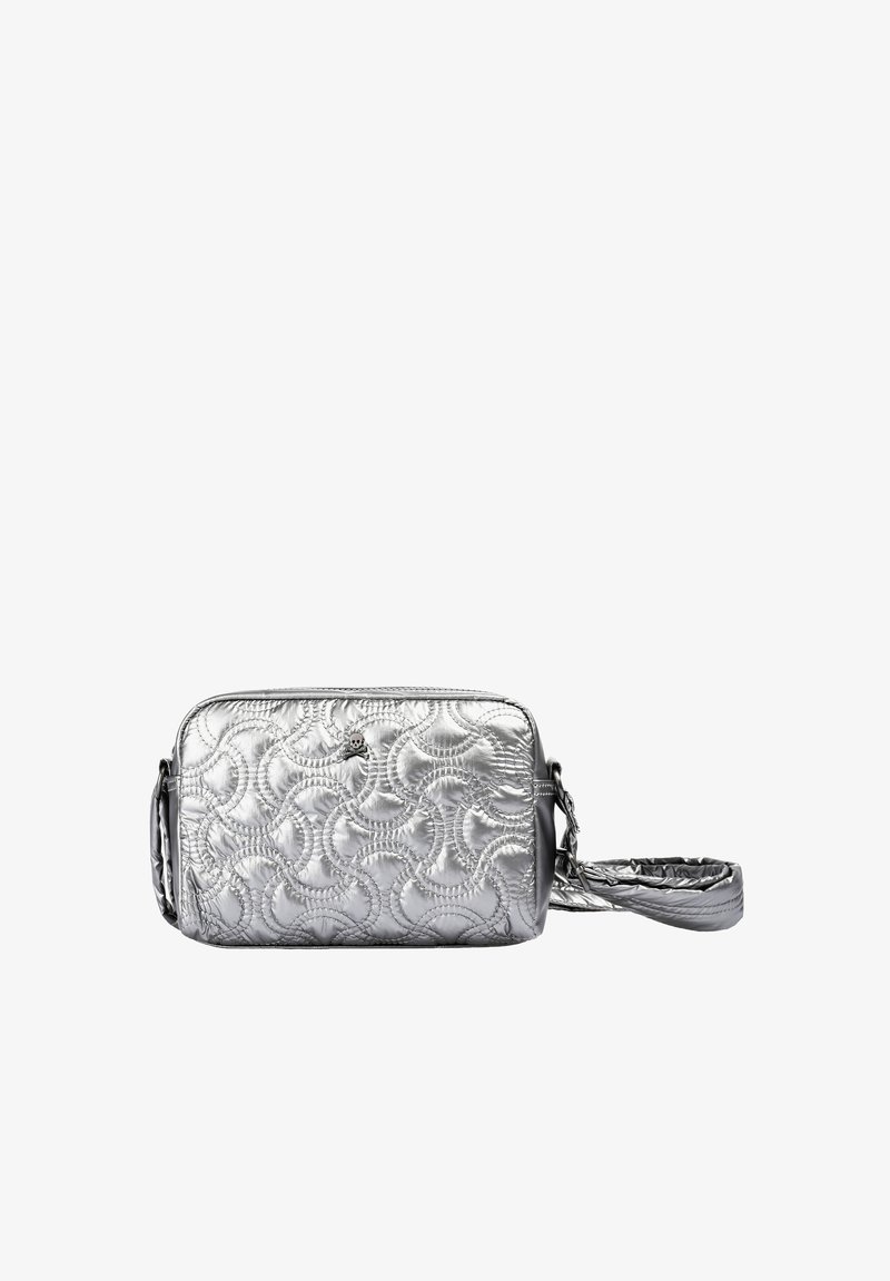 Silver quilted crossbody bag with a textured pattern, rectangular shape, zip closure, and a detachable, textured shoulder strap.