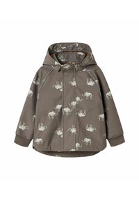Giacca con cappuccio color taupe con un motivo di elefanti. Presenta chiusura con zip, tasche e polsini elasticizzati. Realizzata in materiale morbido e elastico.