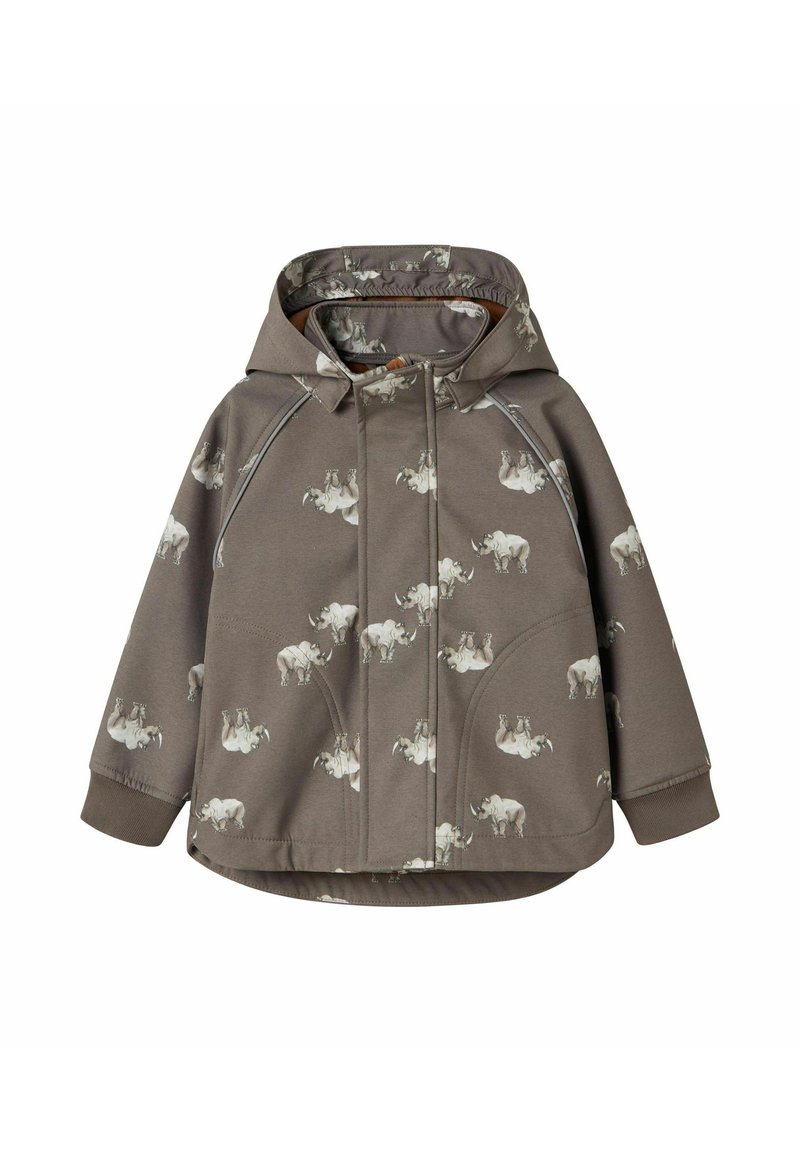 Giacca con cappuccio color taupe con un motivo di elefanti. Presenta chiusura con zip, tasche e polsini elasticizzati. Realizzata in materiale morbido e elastico.