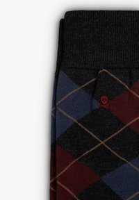 Gray and dark blue argyle-patterned socks with a skull logo stitched on the side. Ribbed cuff, soft texture, and blended fabric.