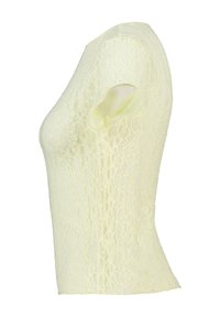 Light yellow short-sleeve lace top with floral pattern, semi-transparent fabric, and a fitted silhouette shown from the side.