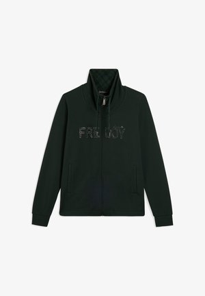 Veste zippée vert foncé avec un col haut, des poignets côtelés et "FREDDY" en clous argentés sur le devant. Tissu doux avec poches.