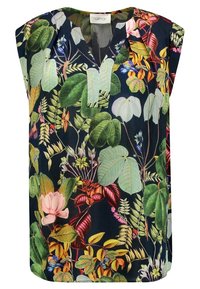 Blusa a stampa floreale con maniche corte a cappuccio. Presenta vivaci foglie verdi e fiori multicolori su uno sfondo scuro. Design a scollo a V.