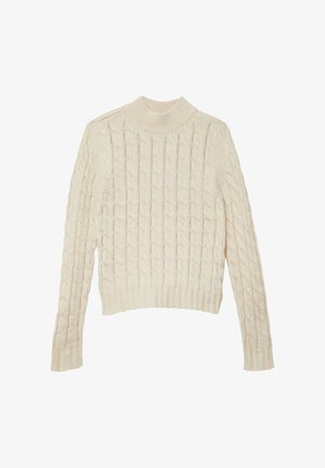 Maglione a treccia in bianco sporco, con colletto alto a coste e polsini, realizzato in un tessuto testurizzato e con un orlo cropped.