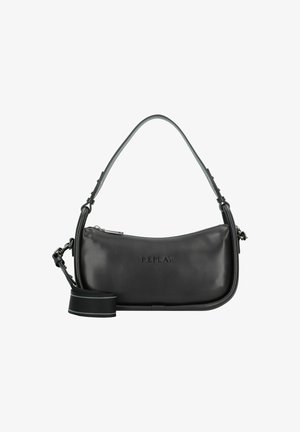 Sac à main en simili cuir noir avec un design arrondi, doté d'une fermeture éclair en haut, d'une bandoulière amovible et d'un détail logo en relief.