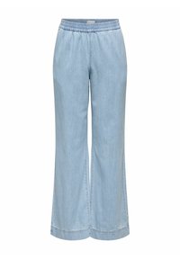 Pantalones de mezclilla de pierna ancha en azul claro, con una cinturilla elástica y detalles de costura sutiles a lo largo de los dobladillos.