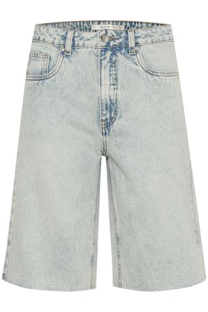 Light blue denim shorts featuring a loose fit, classic five-pocket design, and visible stitching. Distressed accents throughout.